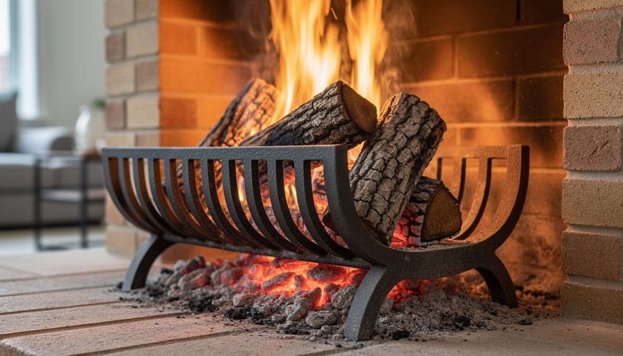 Fire burning efficiently on correctly positioned fireplace grate with visible flames and airflow