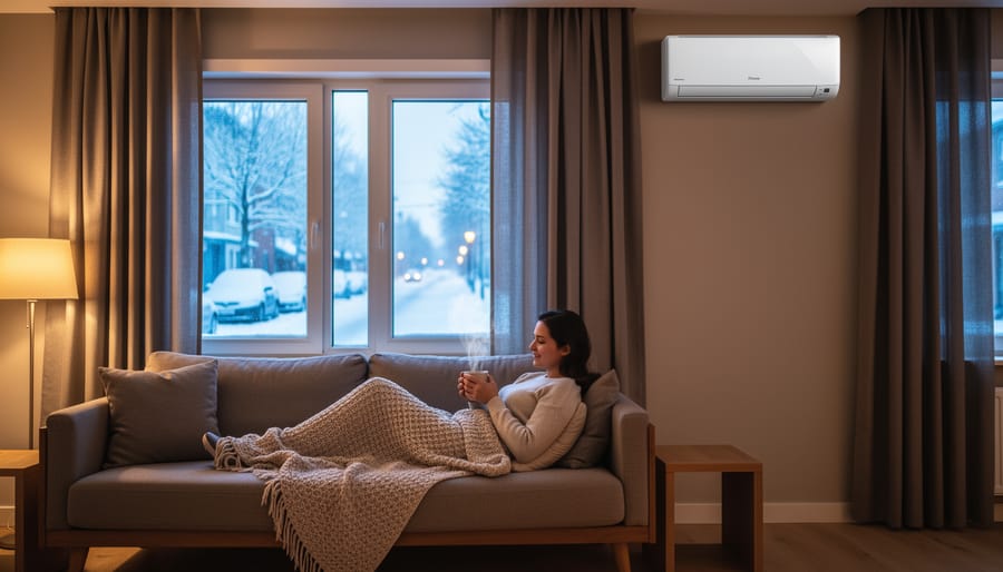 Cozy modern living room in winter with an unbranded ductless mini-split heat pump on the wall and tightly sealed double-pane windows with heavy curtains; snow outside; a person on a sofa under a knit blanket holding a steaming mug, illustrating efficient, cost-saving home heating.