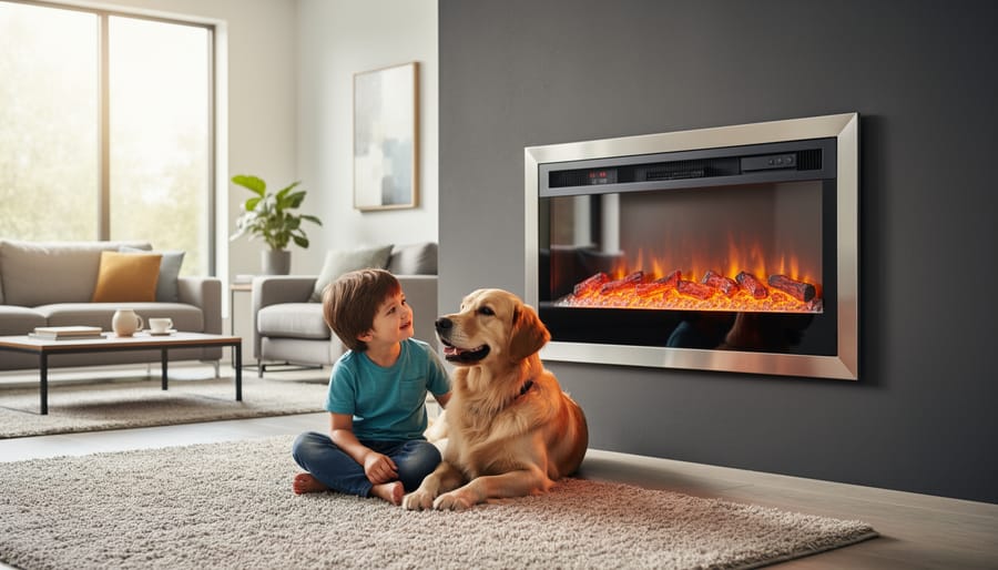 Child's hand near electric fireplace demonstrating cool-touch safety feature