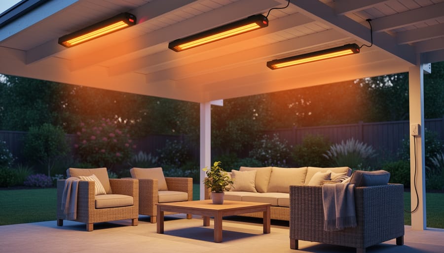 Wall-mounted electric patio heater glowing above family dining outdoors under covered patio