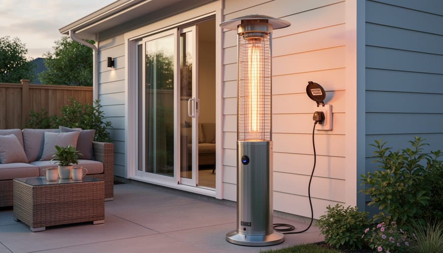 Close-up of electric patio heater cord being plugged into outdoor weatherproof outlet