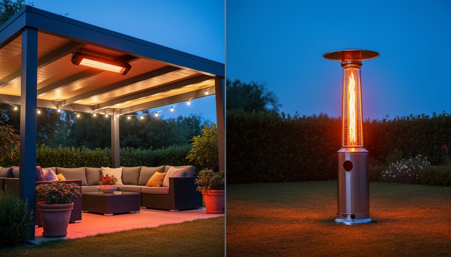 Electric infrared heater mounted under a covered pergola beside a freestanding propane tower heater in an open backyard at twilight, both casting warm light over nearby seating and plants.