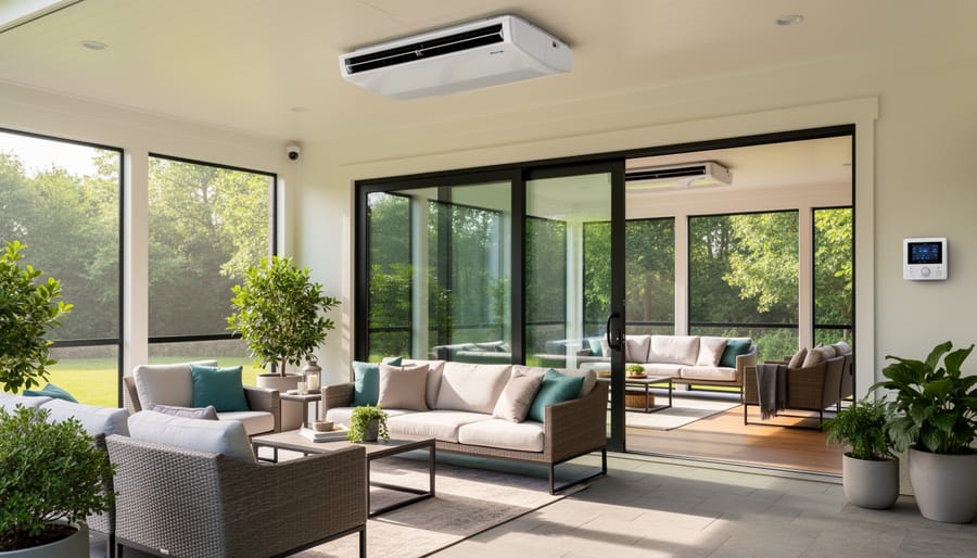 Comfortable enclosed patio with seating and outdoor amenities in warm evening light