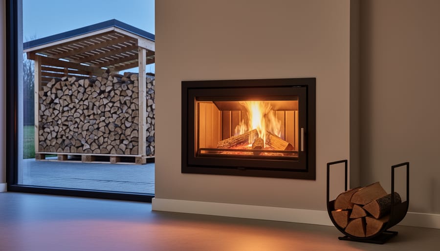 Modern EPA-certified fireplace insert with a clean flame next to a small indoor log holder; through the window, a covered ventilated woodshed shows neatly stacked split logs elevated on pallets.