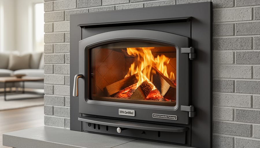 EPA-certified fireplace insert showing clean-burning flames through glass door