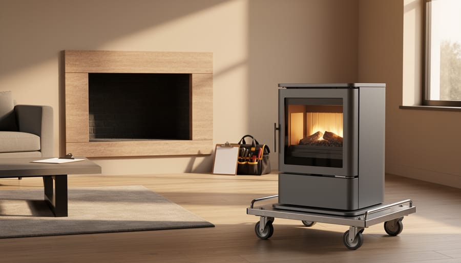 Contemporary living room with a built-in masonry fireplace on the left and a freestanding gas stove/insert on a dolly on the right, photographed at eye level in warm natural light, with a tool bag and closed clipboard in the background.
