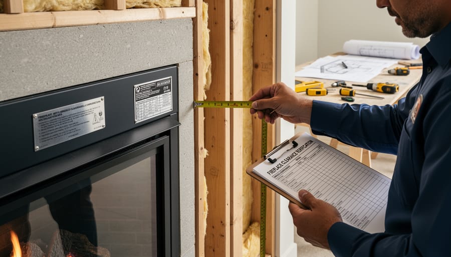 Worker measuring clearance distance between fireplace and wooden beam with tape measure