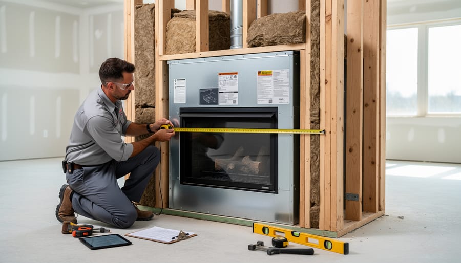 Measuring tape showing required clearance distance between fireplace and wooden mantel