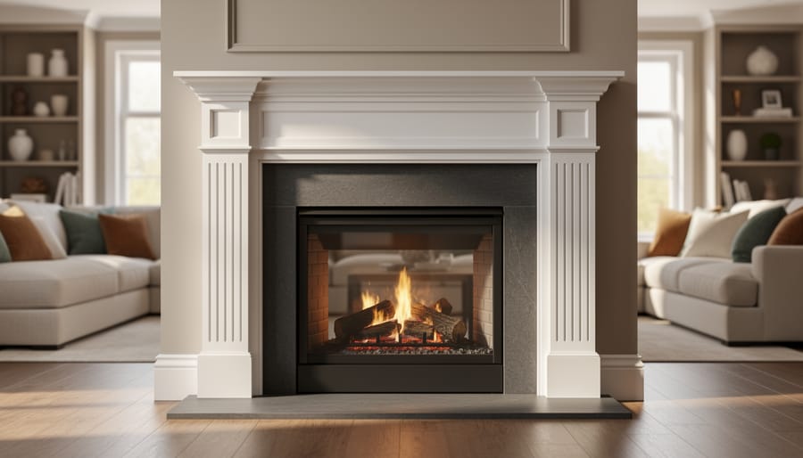 Straight-on view of a living room fireplace with contrasting white crown moulding and fluted pilasters around a darker firebox, illuminated by soft natural light, with blurred seating and shelving in the background.