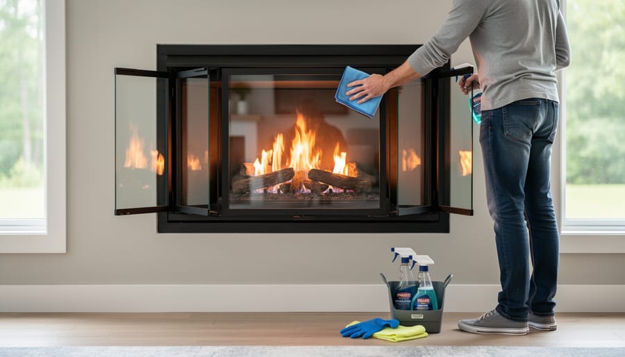 Technician cleaning glass panel of gas fireplace during routine maintenance