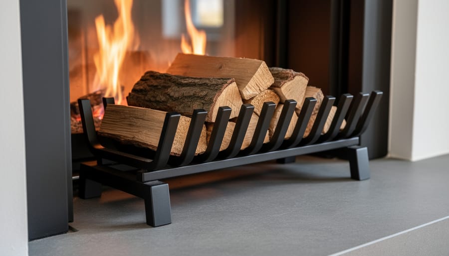 Side view of cast iron fireplace grate showing varying bar widths and spacing