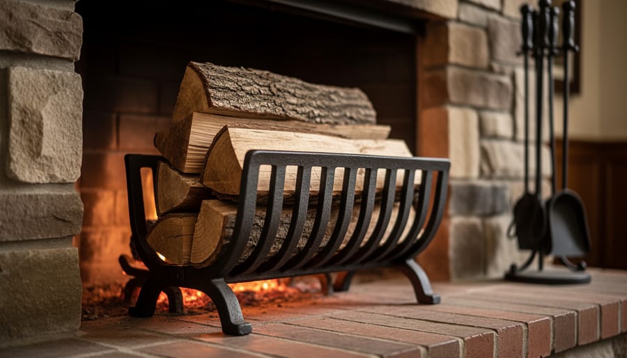 Close-up of a cast-iron fireplace grate installed with the lower sloped bars at the front and taller back, holding split logs in a brick hearth with warm firelight and a blurred mantel and tools behind.