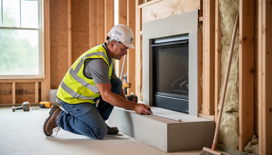 Building inspector wearing reflective vest and hard hat measures clearances at a partially constructed fireplace hearth with concrete base, reviewing rolled plans in a living room under renovation; exposed studs, ladder, and tools softly blurred in the background with natural side light.
