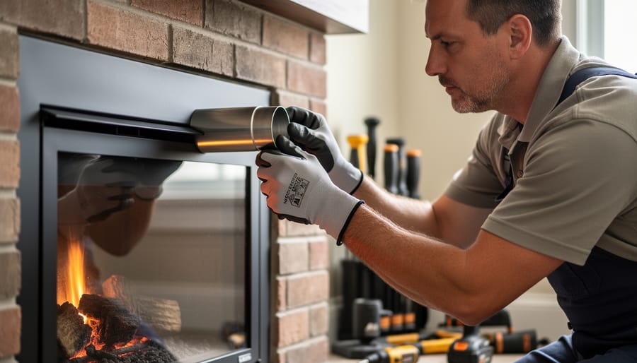 Technician inspecting a stainless steel chimney liner connection on a modern glass-front fireplace insert in a masonry hearth, with soft daylight and tools in the blurred background.
