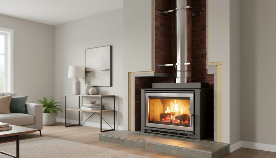 Fireplace insert with visible stainless steel chimney liner installed in brick fireplace