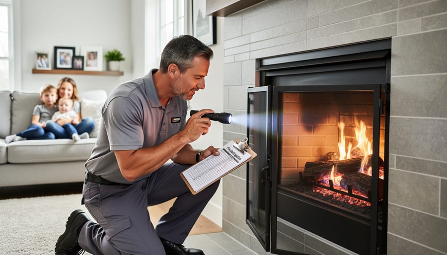 Home inspector examining modern fireplace installation with clipboard