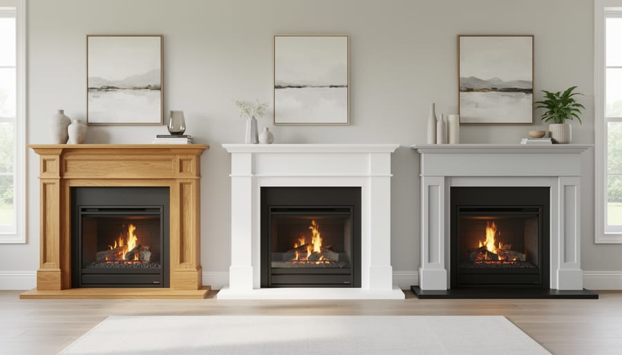 Comparison of fireplace moulding materials including wood, polyurethane, and MDF on workbench