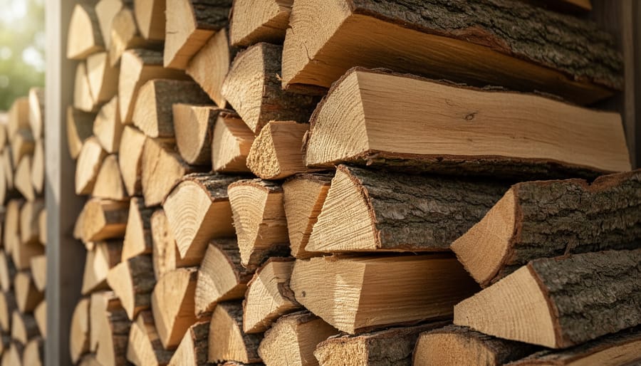 Close-up of stacked firewood showing proper spacing for airflow between split logs