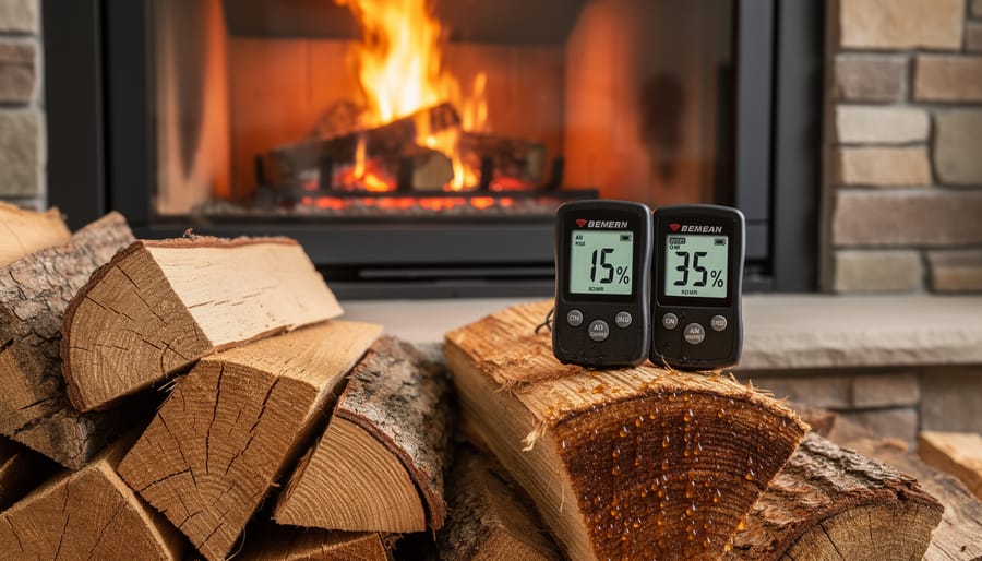 Close-up of stacked firewood logs showing wood grain texture and moisture content