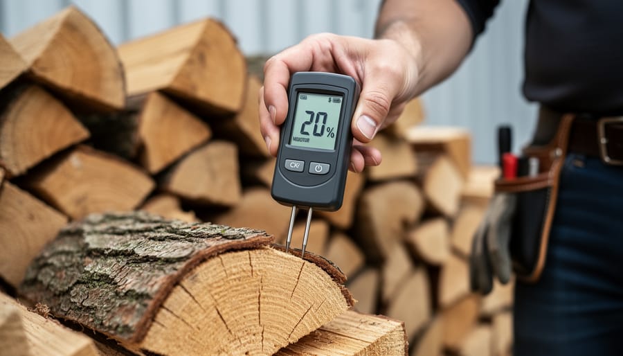 Moisture meter being used to test firewood moisture content