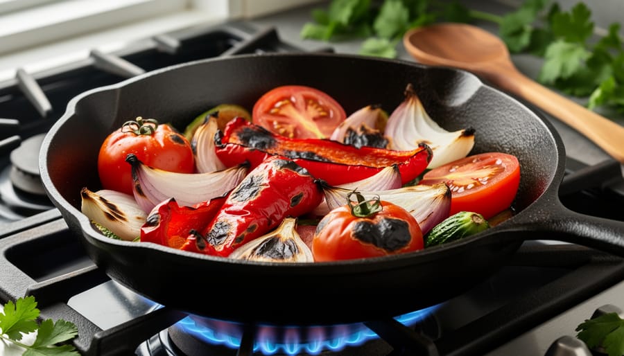 Close-up of bell peppers, tomatoes, and onions charring in a cast-iron skillet over blue gas flames, shot at a 45-degree angle with warm side lighting and a blurred stovetop background.