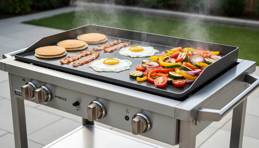 Outdoor flat-top gas griddle with pancakes, bacon, vegetables, and eggs cooking on surface