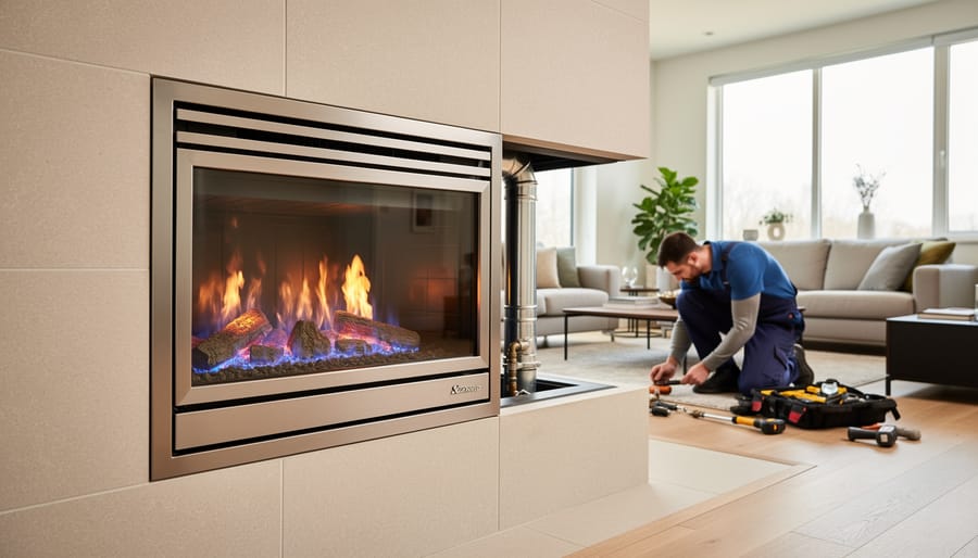 Modern gas fireplace insert with visible flames behind glass in contemporary living room
