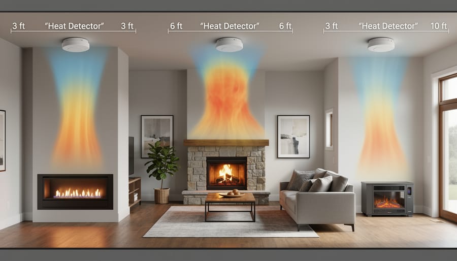 Modern gas fireplace in residential living room showing ceiling height and room layout