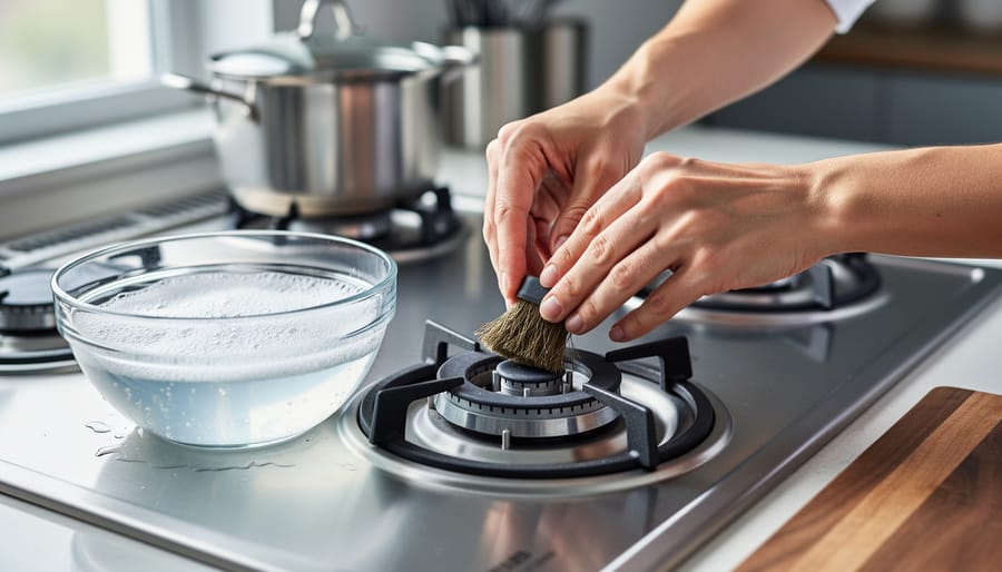 Close-up of hands scrubbing a gas stove burner head and ports with a soft brush next to a bowl of soapy water on a stainless steel cooktop, modern kitchen blurred in the background.