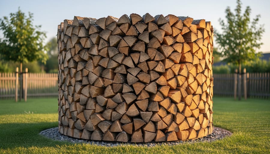 Circular German round stack firewood pile showing radial stacking pattern in backyard