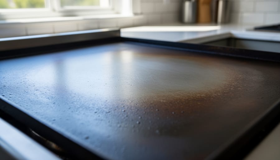 Close-up of seasoned steel griddle surface with water droplets showing non-stick properties