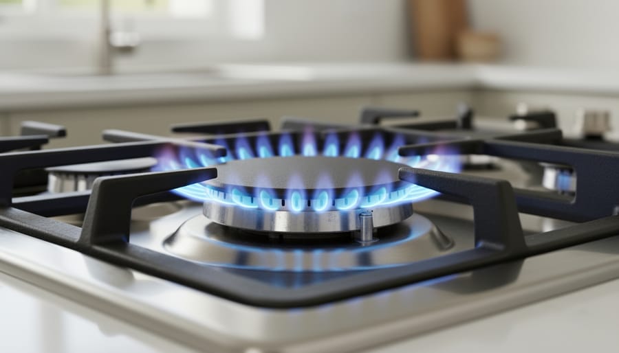 Gas stove burner with crisp blue flames burning in circular pattern