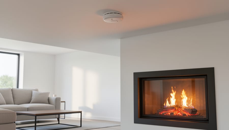 Heat detector mounted on ceiling near residential fireplace with proper clearance distance
