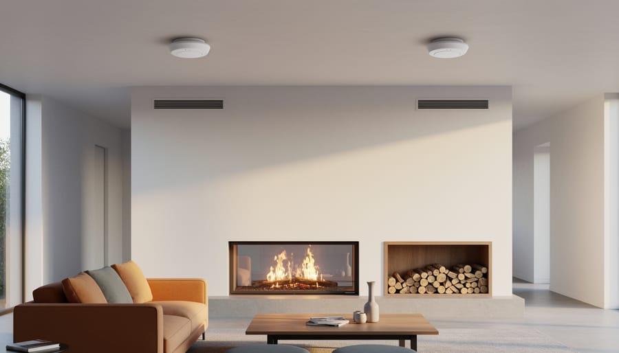 Ceiling-mounted heat detectors spaced along the ceiling of a modern living room with a fireplace, viewed from a slightly low angle in soft natural light; hallway, wall vent, and stacked firewood visible in the background.