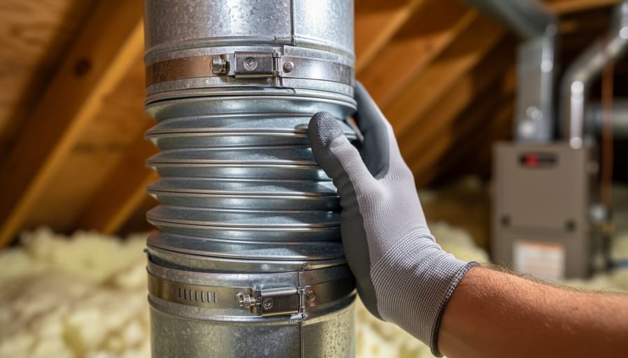 Gloved hand inspecting an accordion-style expansion joint on a galvanized HVAC duct in an attic, with rafters, insulation, and furnace blurred in the background