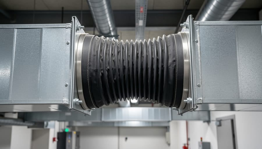 Close-up of flexible expansion joint connector in residential HVAC ductwork