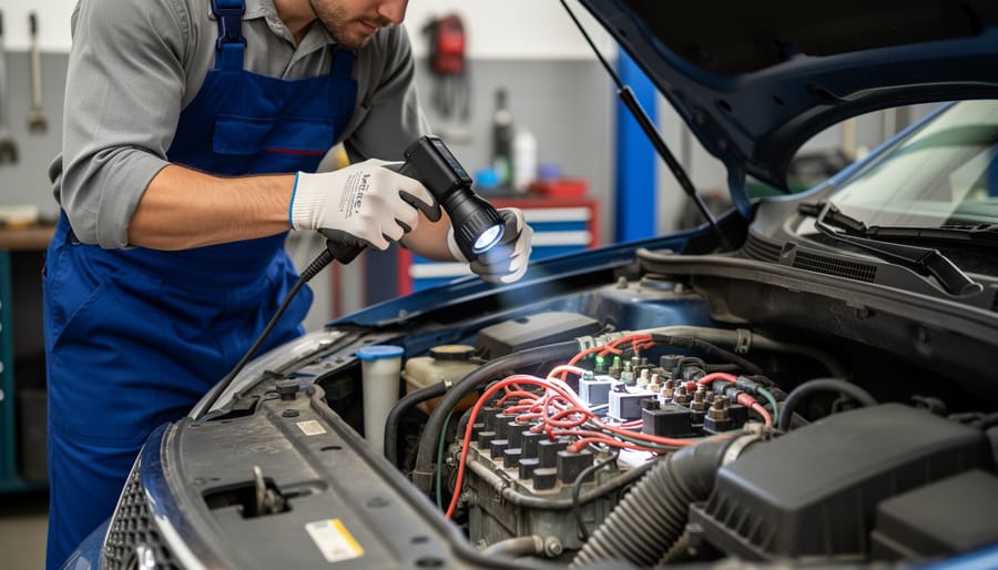 Close-up of hands inspecting gas stove igniter with flashlight during maintenance check