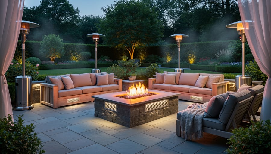 Outdoor living space combining modern climate control unit with traditional stone fireplace