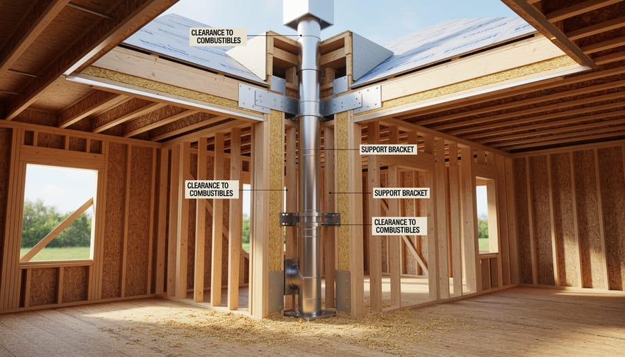 Interior chimney framing showing wooden studs, metal chimney pipe, and proper clearances during installation