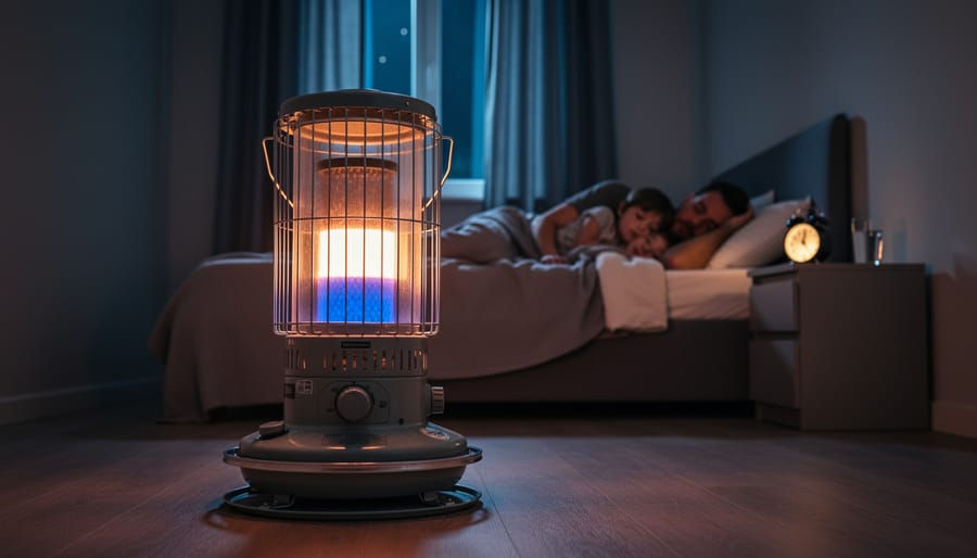 Eye-level photo of a portable kerosene heater with blue‑orange flame in a closed bedroom at night, heater in sharp foreground focus, sleeping adult and child blurred in background, warm glow contrasting with cool blue ambient light, suggesting carbon monoxide risk.