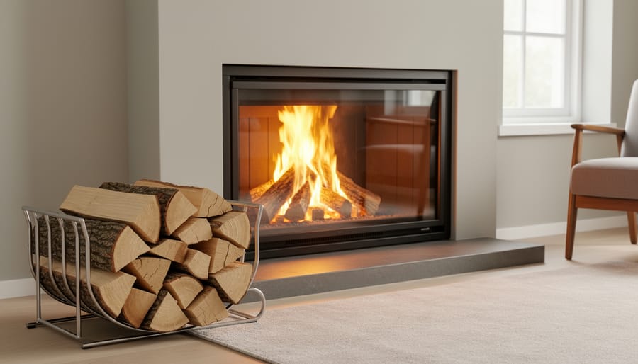 Clean-burning fire in modern fireplace with kiln-dried firewood stacked nearby