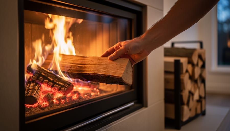 Hand placing a split dry firewood log onto bright flames in a modern indoor fireplace, with a neatly stacked firewood rack softly blurred in the background under warm amber light.