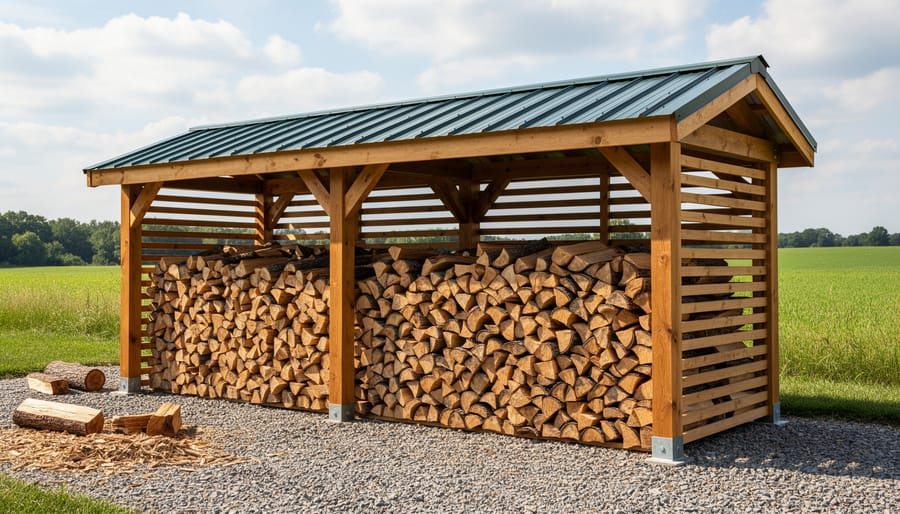 Lean-to firewood storage shed attached to cabin wall filled with neatly stacked split firewood