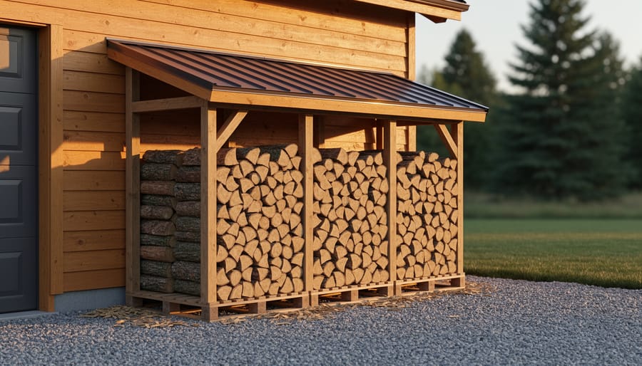Lean-to firewood shed attached to a garage wall with neatly stacked split logs on pallets over gravel beneath a sloped metal roof, open sides for airflow, yard and evergreen trees softly blurred behind