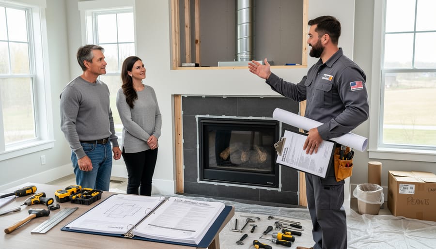 Professional contractor reviewing installation blueprints beside fireplace equipment