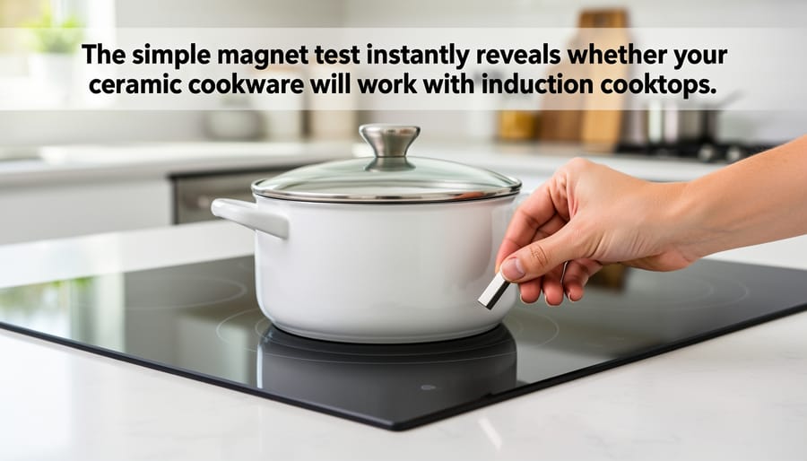 Hand holding magnet against bottom of ceramic cookware to test induction compatibility
