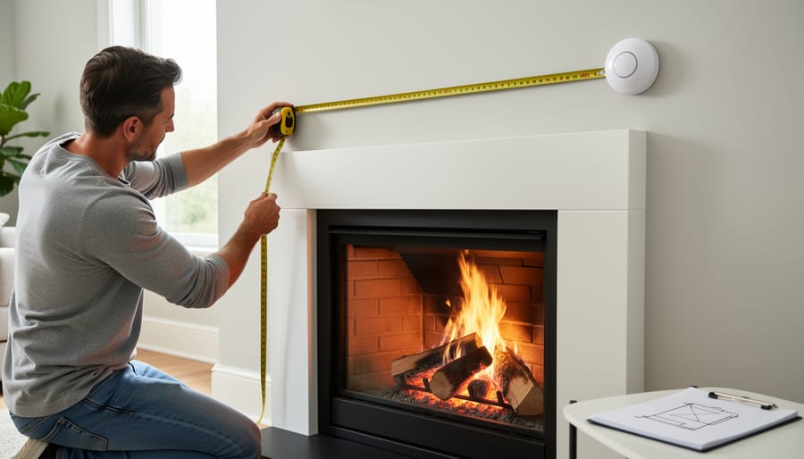 Homeowner measuring distance from fireplace for heat detector installation planning