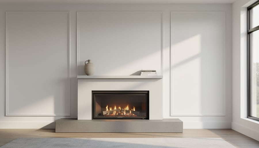 Modern minimalist fireplace with simple white moulding and clean lines in contemporary living room