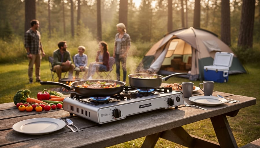 Single-burner camping stove with blue flame heating pot on mountain terrain