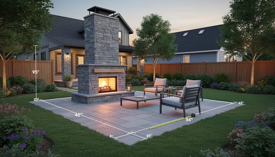 Outdoor stone fireplace in backyard with proper clearance from house and fence
